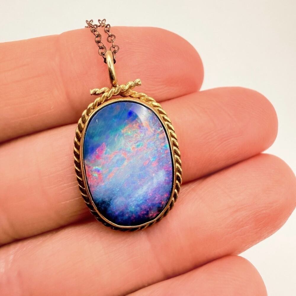 Vtg 9K Gold Australian Opal Doublet Pendant Necklace Twisted Rope 15.8ct - 19"